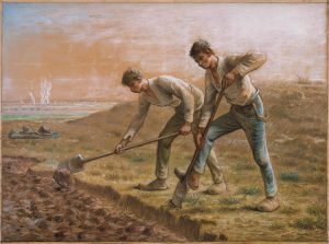 Two men turning over the soil
